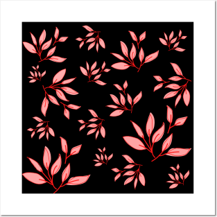 Pink leaves decorative pattern black Posters and Art